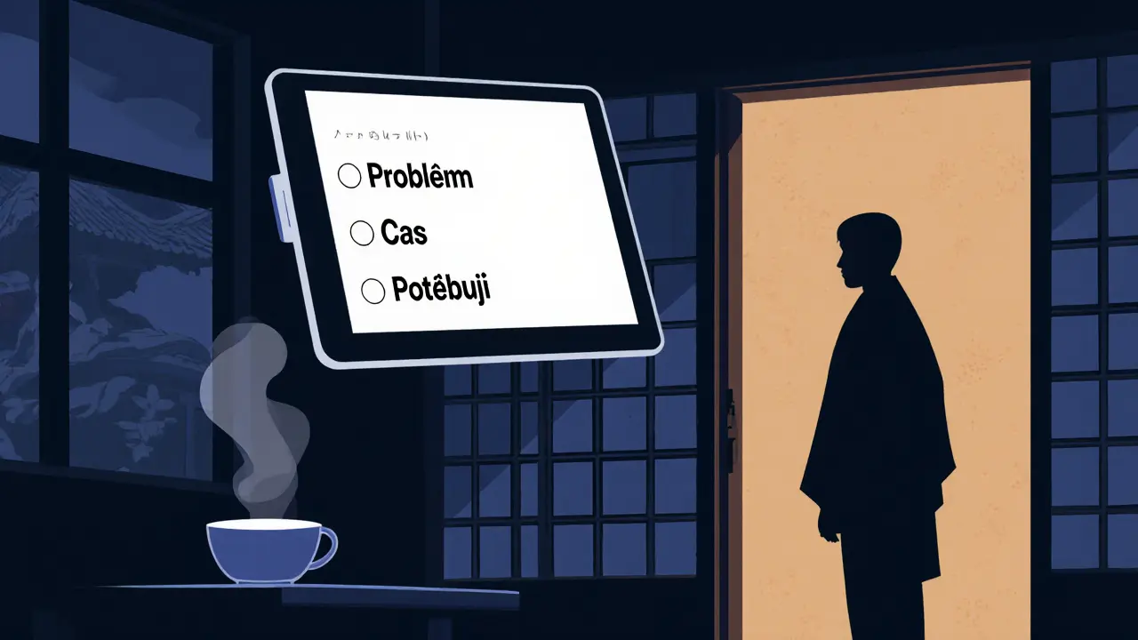 Terapeutova kancelář s digitálním dotazníkem a třemi klíčovými body v japonském stylu.