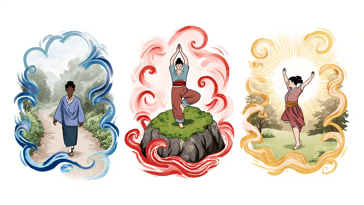Tři lidé cvičí v přírodě: chůze, jóga a tanec, kolem nich proužky barev znázorňující emocionální změnu.
