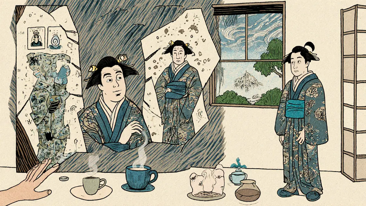 Tři verze člověka: jedna v digitálním světě, jedna v chaosu, jedna v klidu — symbolizující hloubku osobní terapie.