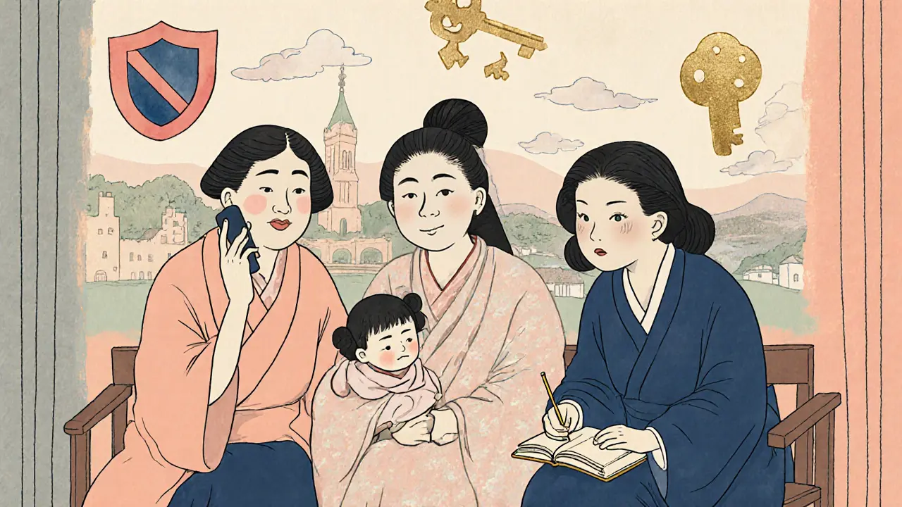 Tři ženy v klidném prostoru, kolem nich symboly ochrany, jemné štětce a zlaté detaily.