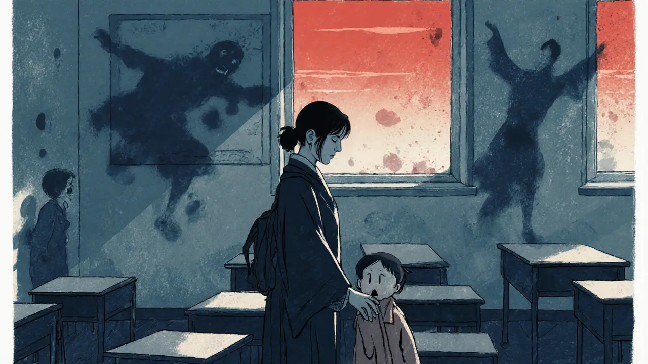 Učitelka stojí v prázdné třídě, kolem ní se vynořují stíny dětí, které trpí.