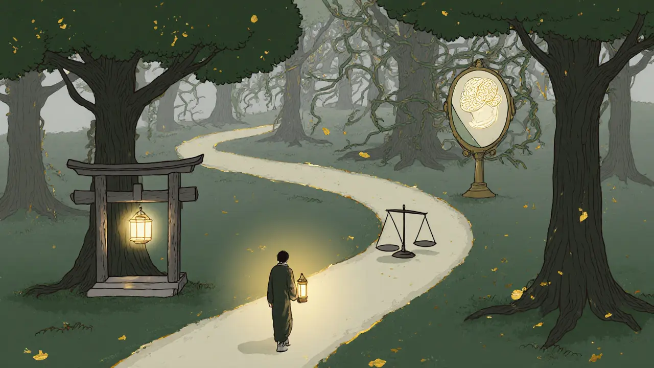 Víceúrovňová cesta přes les symbolizující klinický rozhodovací algoritmus v psychoterapii.