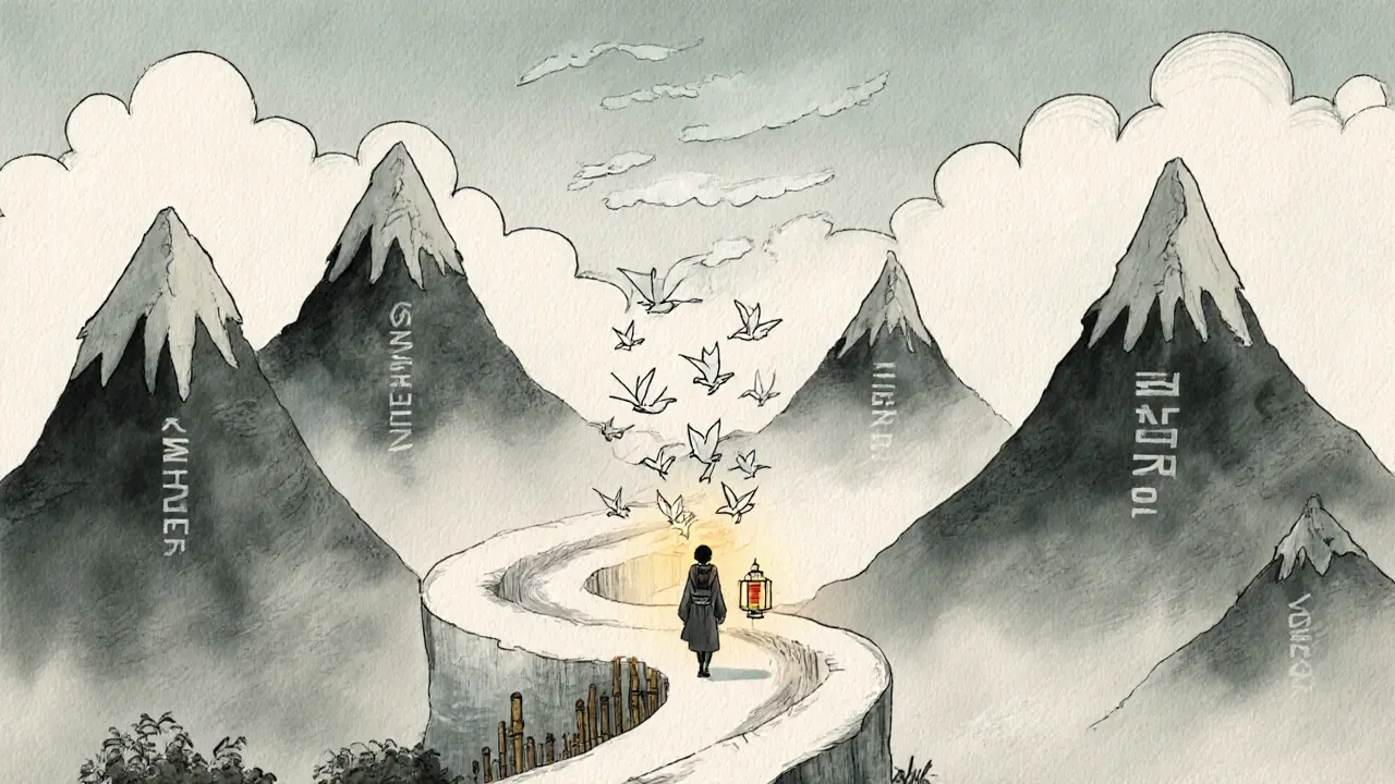 Vnitřní krajina mysli s cestou, lanternou a papírovými ptáky, symbolizující objevování vlastních zdrojů.