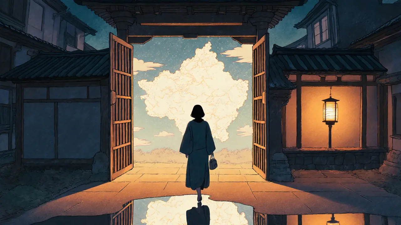 Žena kráčí skrytou branou k útočišti, světlo září, japonské mraky a česká krajina se prolínají.