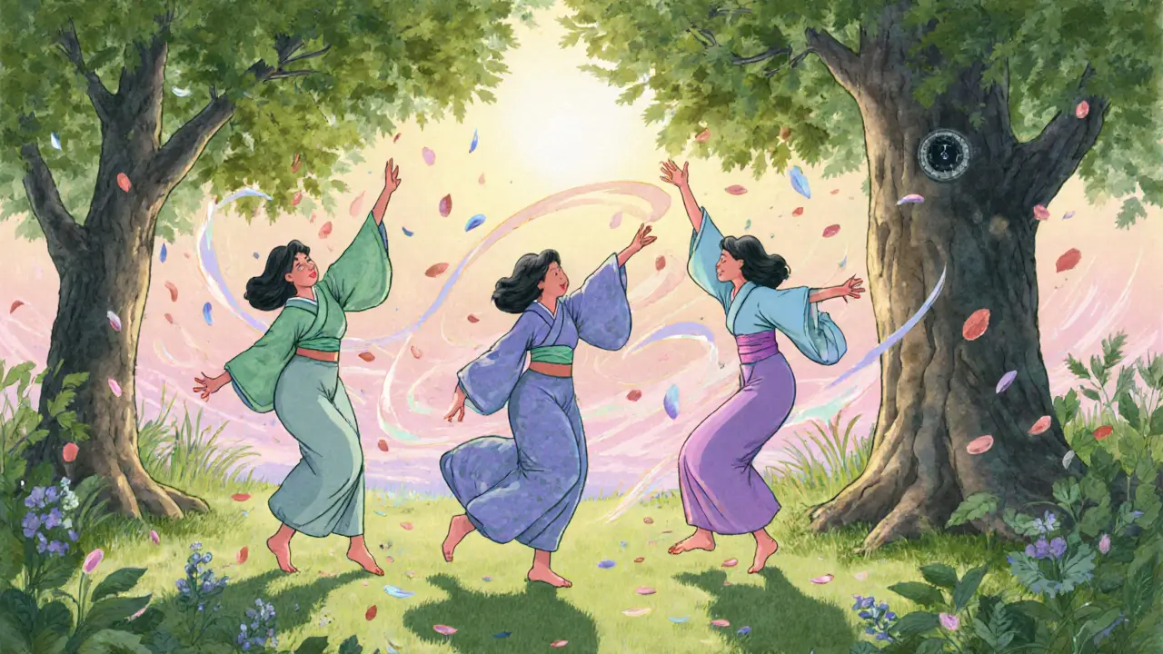 Ženy tančí v lese, volné a šťastné, bez času ani váh.