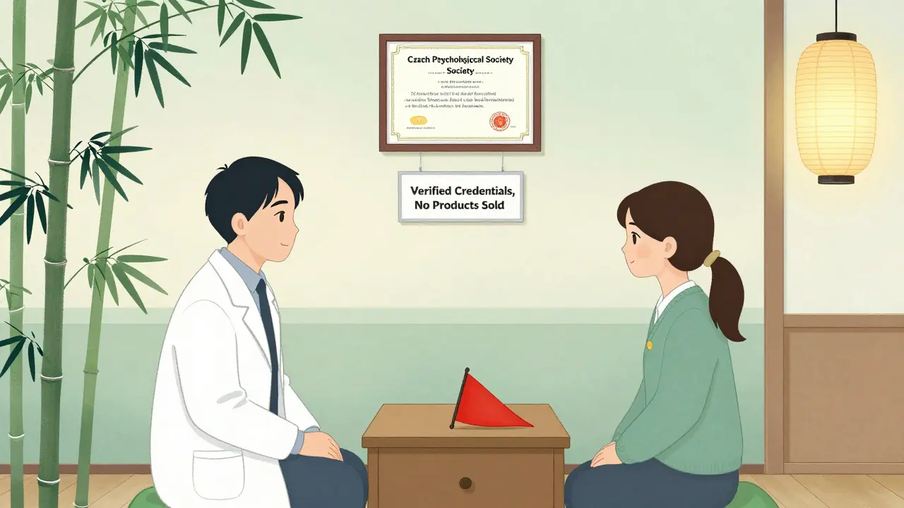 Bezpečná terapeutická schůzka s ověřeným odborníkem, na stěně certifikát a jen klidné prvky přirody.