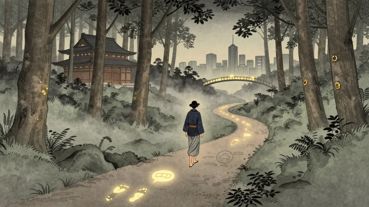 Cesta symbolizující přechod od osobní terapie k online terapii, s jemnými digitalizovanými stopy na cestě.