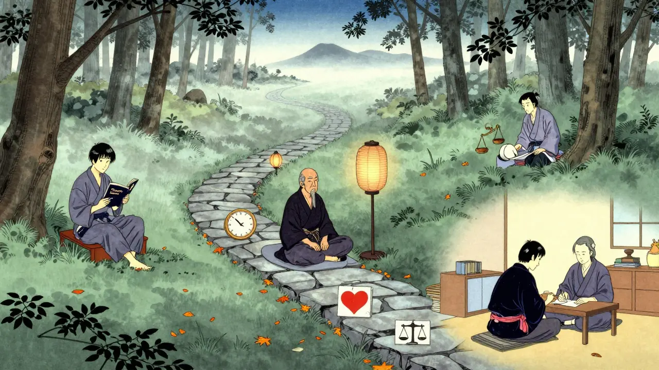 Cesta tréninku psychoterapeuta přes les s postupnými etapami vzdělávání a supervize.