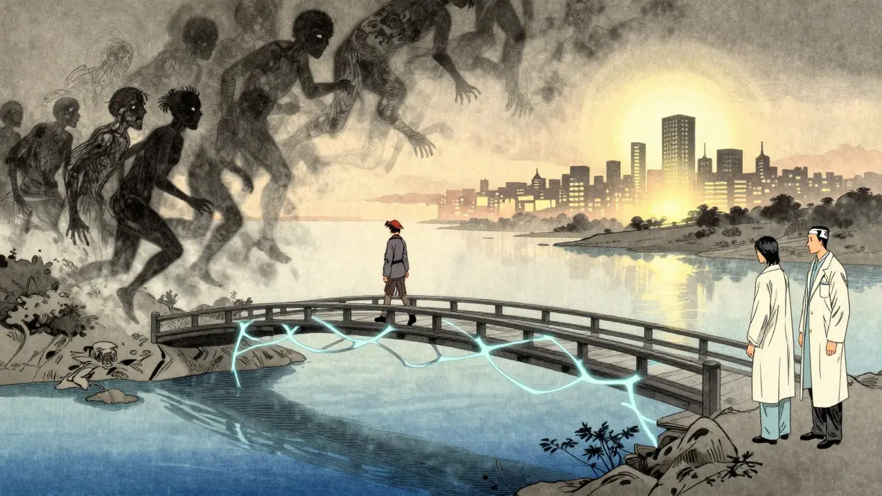 Cestovatel na mostě z neuronů, kde trauma mizí a objevuje se naděje, s terapeuty na konci.