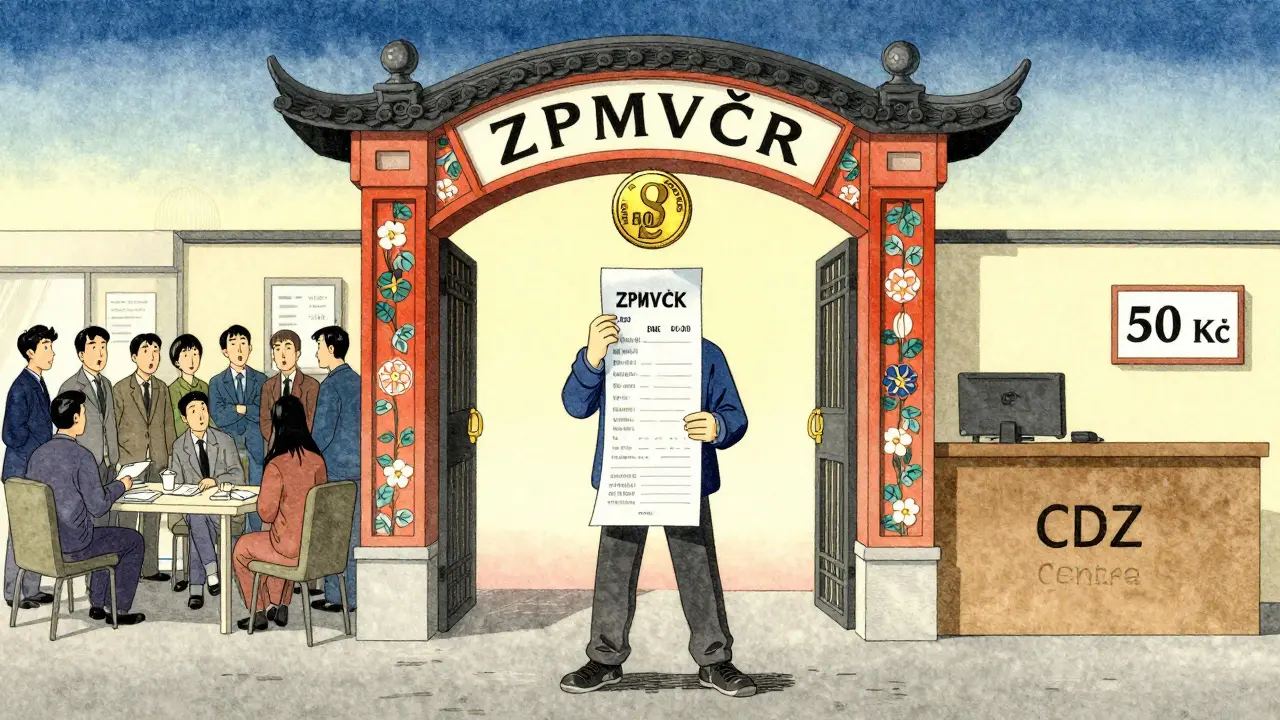 Člověk před bránou ZPMVČR s mincí 5 000 Kč, srovnává soukromou terapii s nízkoprahovým centrem.