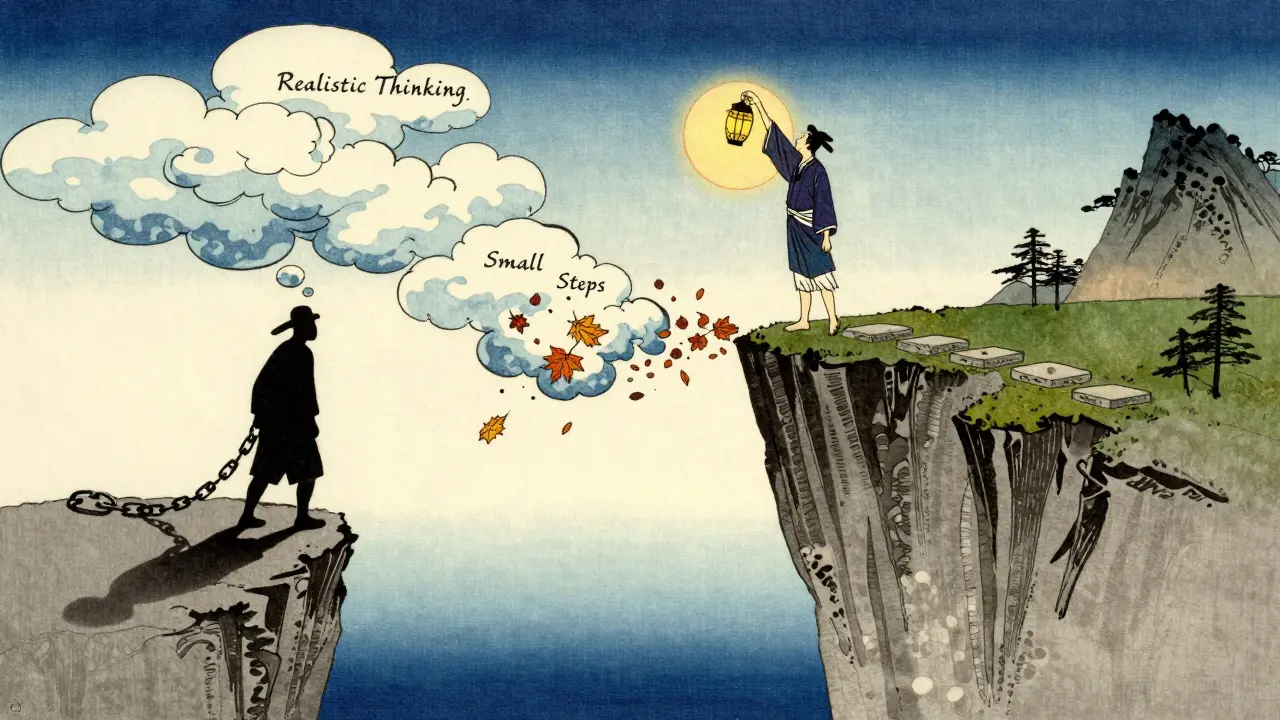 Člověk stoupá nahoru od svého stínu, drží lucernu s 'reálným myšlením', kameny označeny 'malé kroky'.