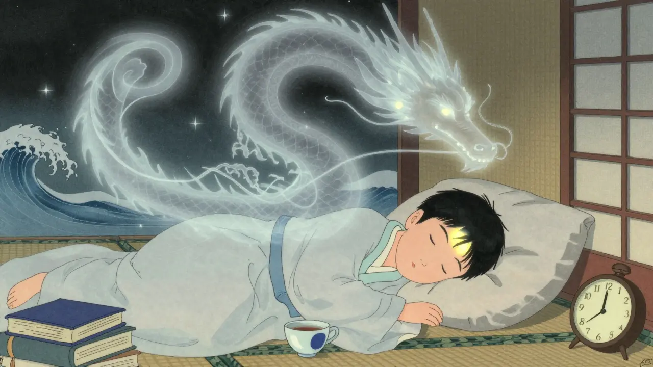 Dítě klidně spí v tradičním pokoji, nad ním plave duch spánku ve tvaru draka, symbolizující obnovu klidu.