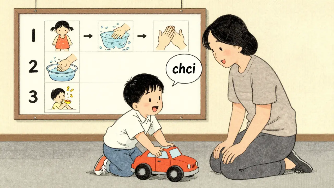 Dítě říká 'chci' a hraje s autíčkem, rodič se k němu naklání, vizuální plán na zdi ukazuje každodenní dovednosti.