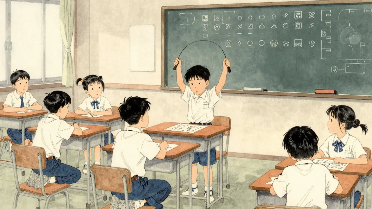 Dítě stojí u lavice a řeší matematiku, na stěně je vizuální plánovač s pohyblivými ikonami.