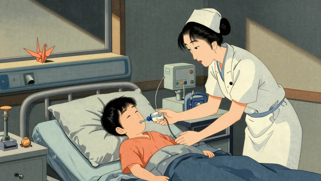 Dítě v nemocnici s sondu, nurse ho sleduje, origami žába na okně.