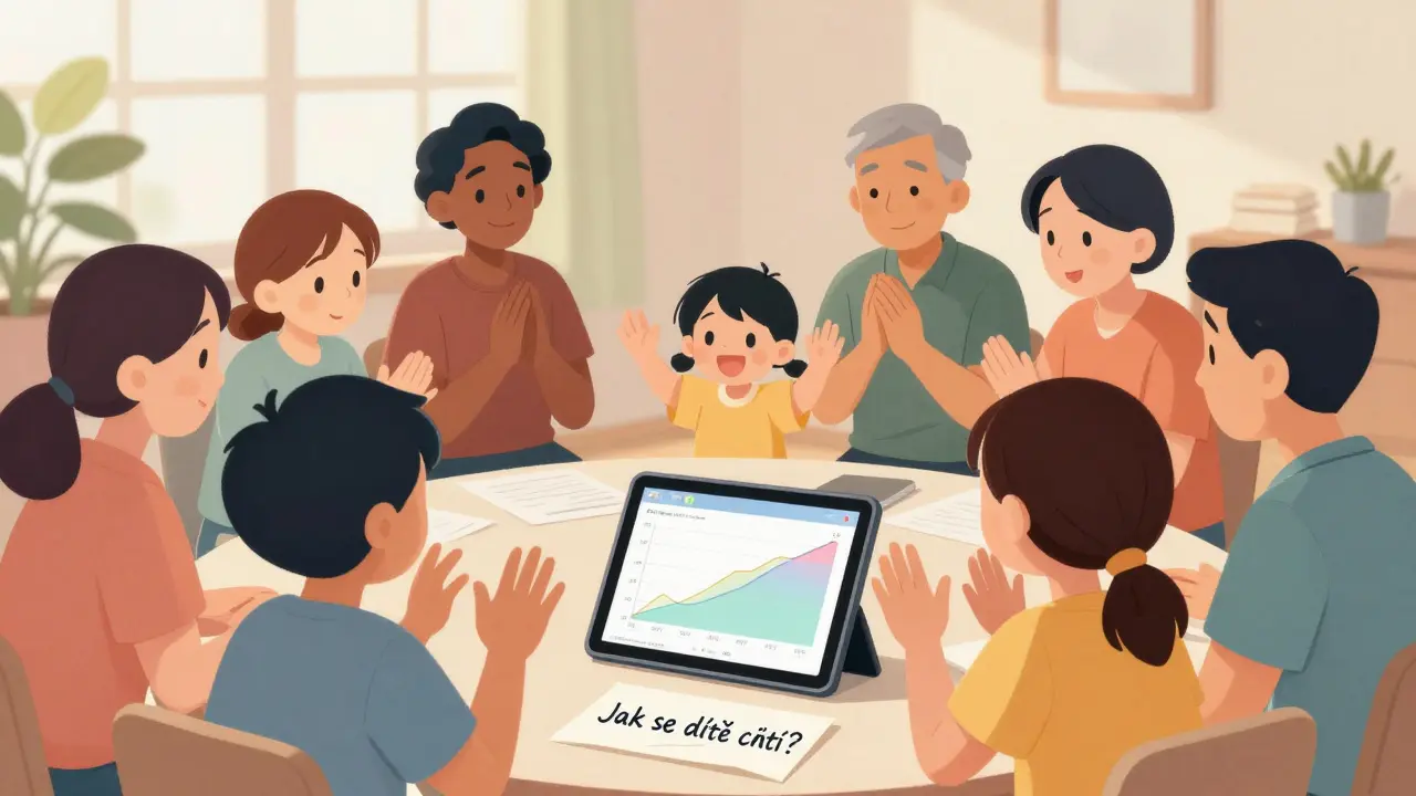 Dítě volně třepá rukama, rodina ho přijímá, na tabletu se zobrazuje pokrok, nápis 'Jak se dítě cítí?'