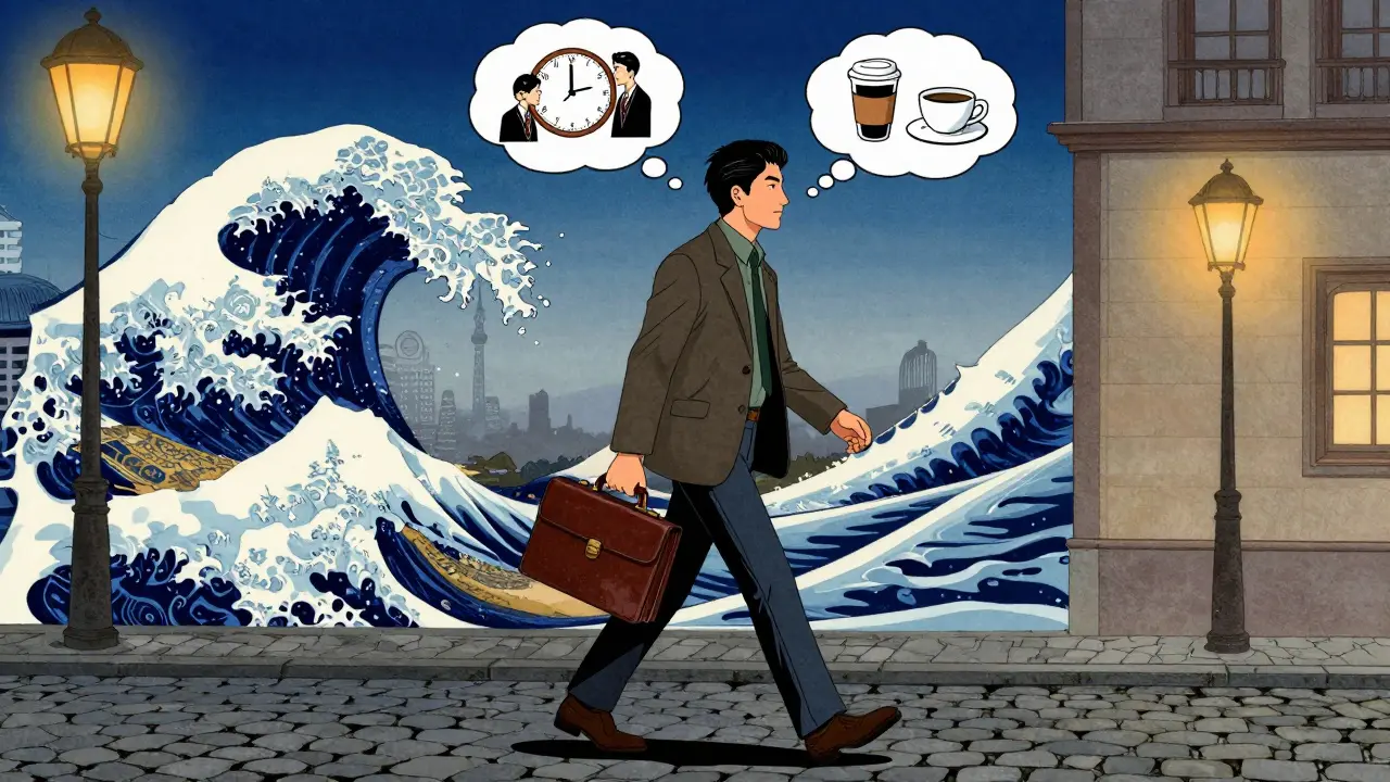 Dospělý muž kráčí po pražské ulici, nad ním myšlenkové bubliny symbolizující jeho aktivní mysl.