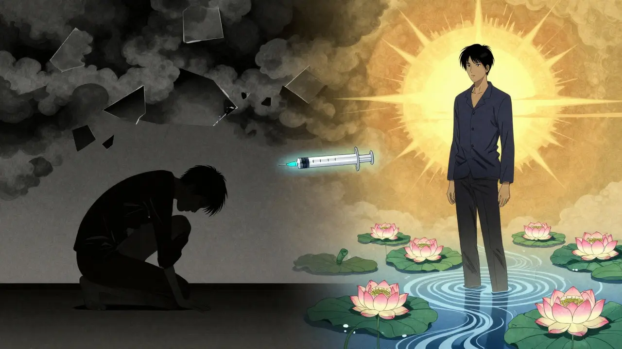 Dvojité zobrazení osoby s PTSD: z temnoty k světlu, přeměněnému v klidné květy a řeky.