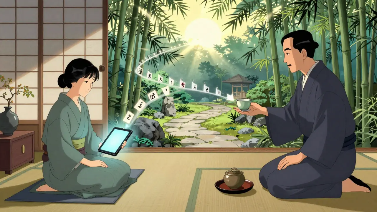 Hybridní terapie: moderní prostředí spojené s tradičním zahradním koutem přes putující symboly.