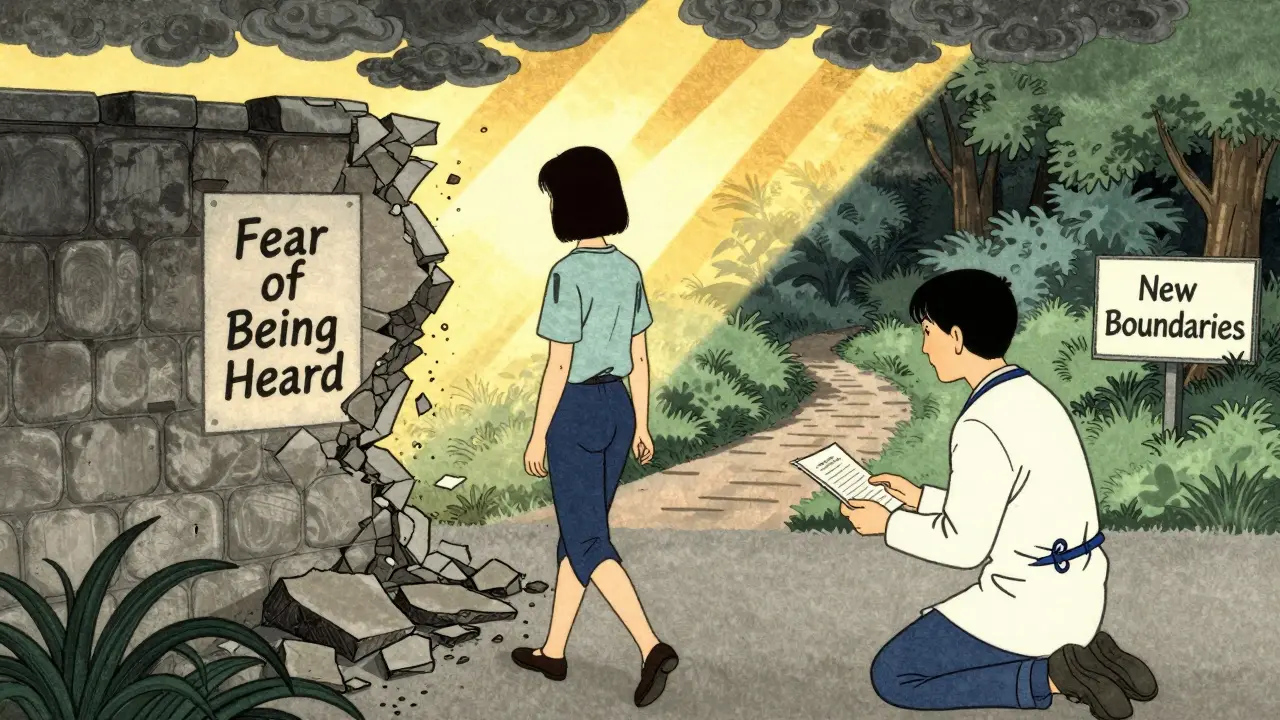 Klient odchází od zdi strachu, za ním září nová cesta k zdravým hranicím.