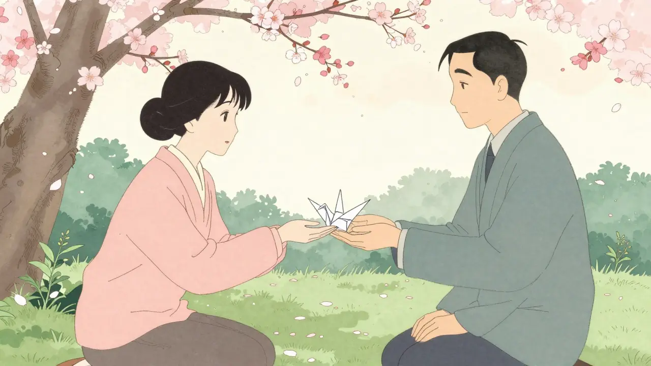 Klient podává terapeutovi složeného labutě, květy větří se kolem nich v klidné zahradě.