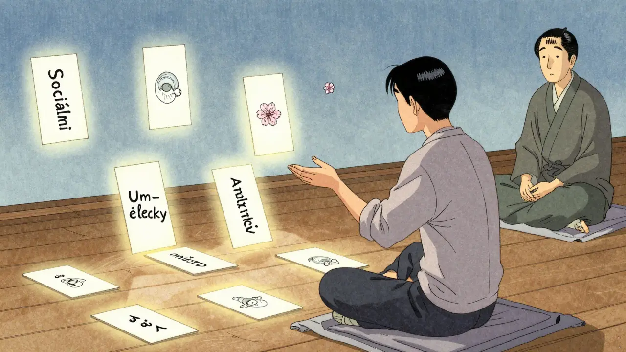 Klient si vybírá karty se zájmy, poradce sedí tichý, symbolizující nezávazný přístup.