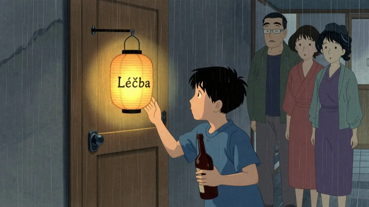 Nepřítomný teenager se zastaví u dveří, ruka se táhne k lucerně s nápisem 'Léčba', rodiče stojí klidně za ním.