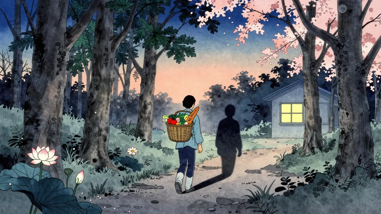 Osoba jde lesem s košíkem jídla, její stín je celistvý a klidný, květiny symbolizují hojení.