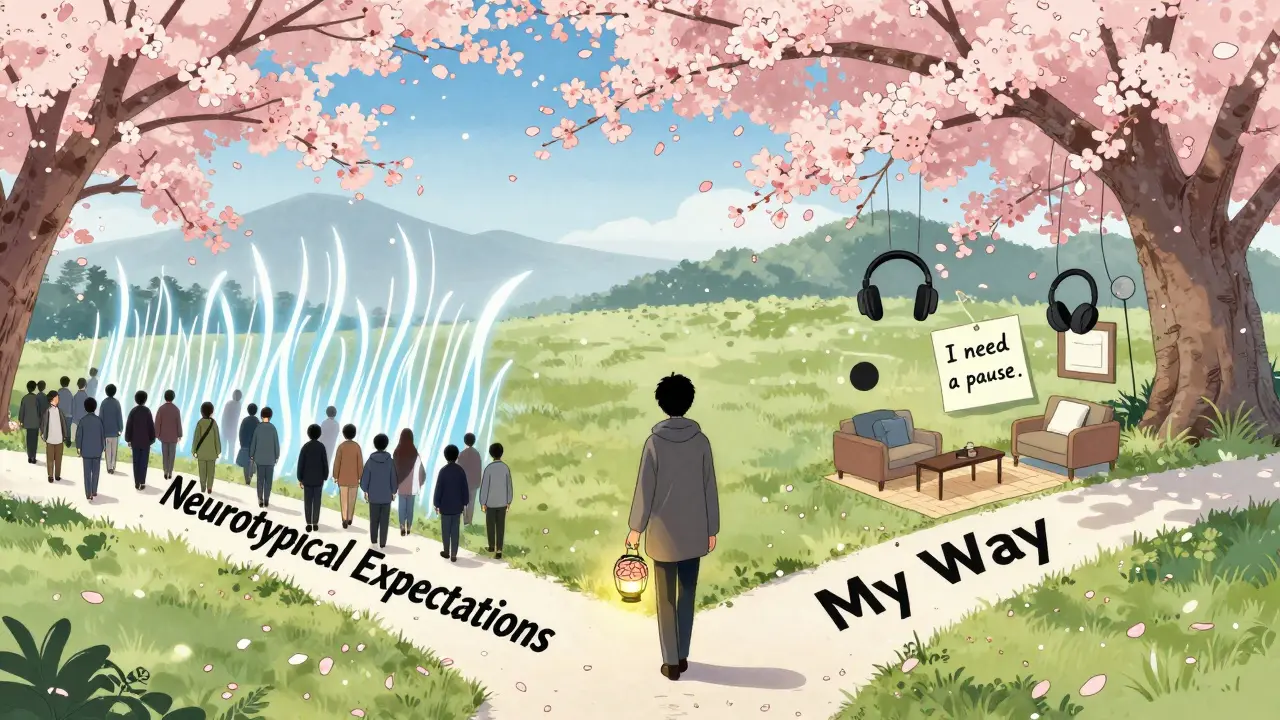 Osoba s autismem na rozcestí mezi neurotypickými očekáváními a vlastní cestou se světlem v podobě mozku.