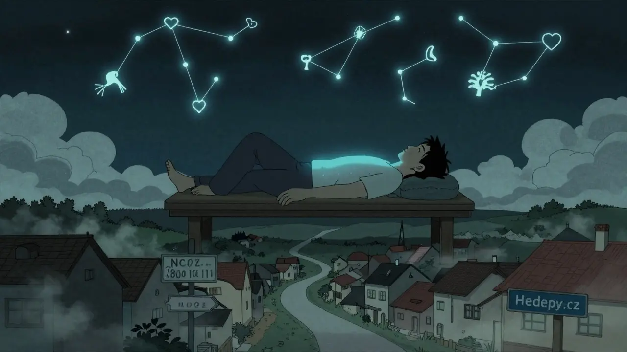 Osoba v klidu pod hvězdnou oblohou s symboly psychoterapie, v pozadí cesta k bezplatné pomoci.