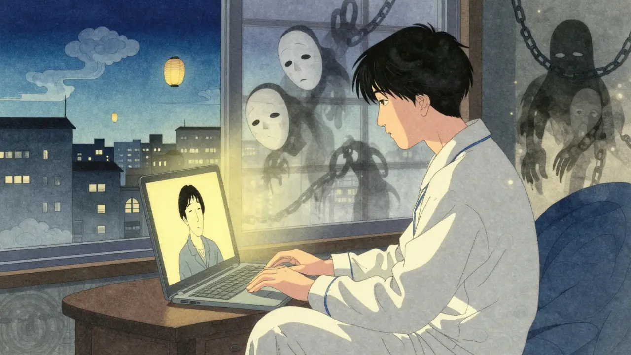 Osoba v pyžamu na online terapii, strachy se mění v mlhu, venku tichý večer.