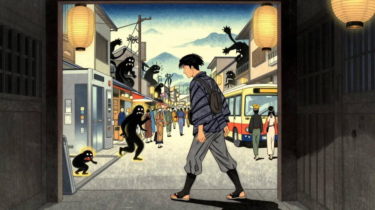 Osoba vstupuje do živého trhu, panika zmizí za ní.