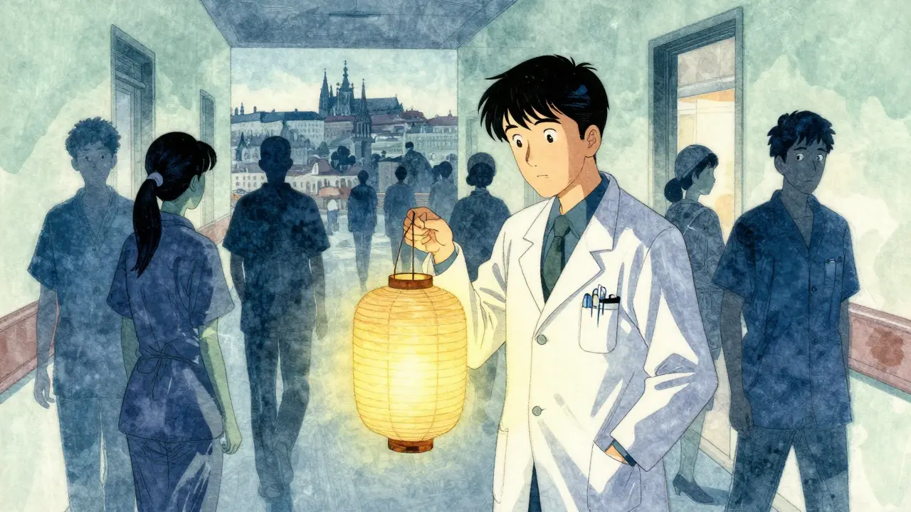 Peer konzultant stojí v chodbě nemocnice s lucernou, která osvětluje pacienta, který se k němu obrací.