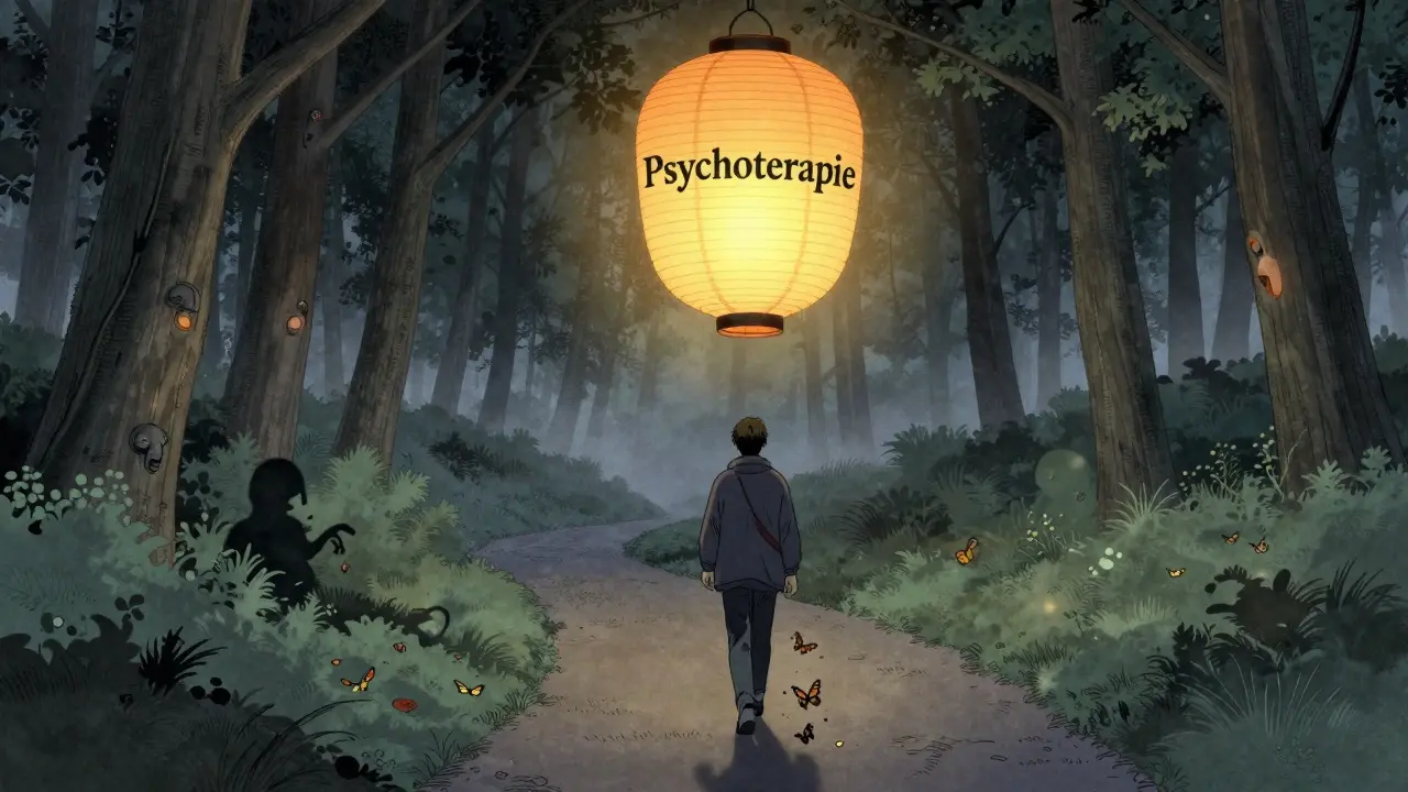 Postava jde cestou lesem, kde strachy mění v motýly, nad nimi plave lampion s nápisem psychoterapie.