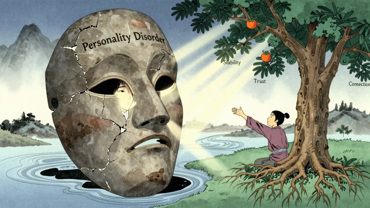 Postava se vynořuje z kamené masky do světla a nového života.