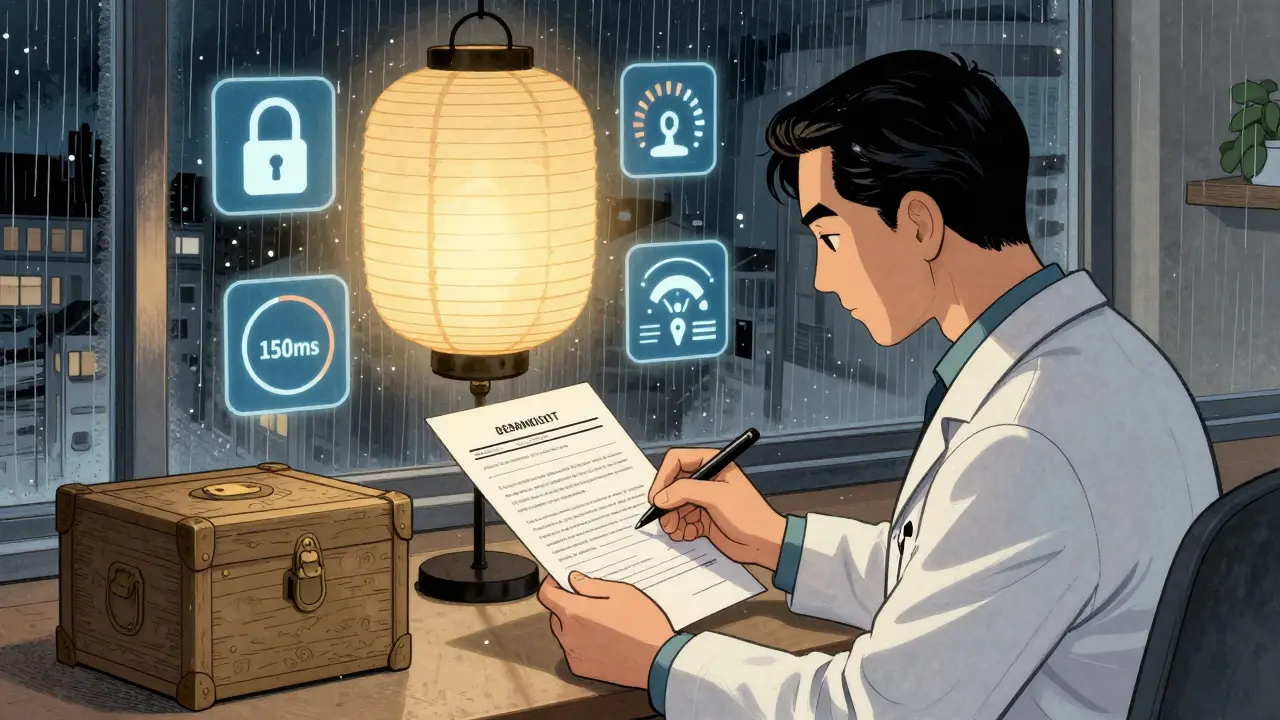 Psycholog kontroluje písemné souhlasy pod světlem paper lantern, kolem něj technické ikony a déšť za oknem.