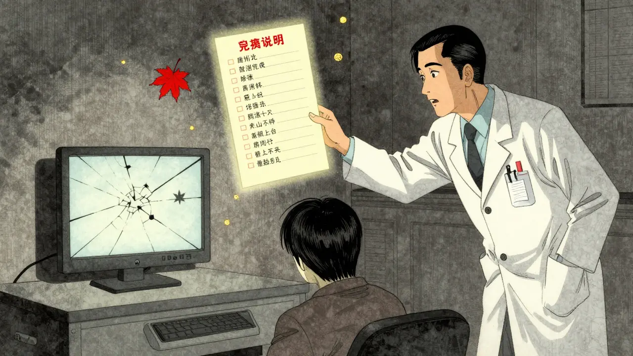 Psycholog se snaží pomoci pacientovi s přerušeným spojením, kolem něj náznaky krizového protokolu a padající list.