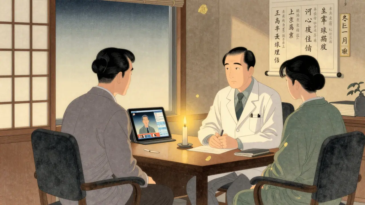 Psychoterapeut a klient v klidné místnosti s moderními a tradičními prvky.