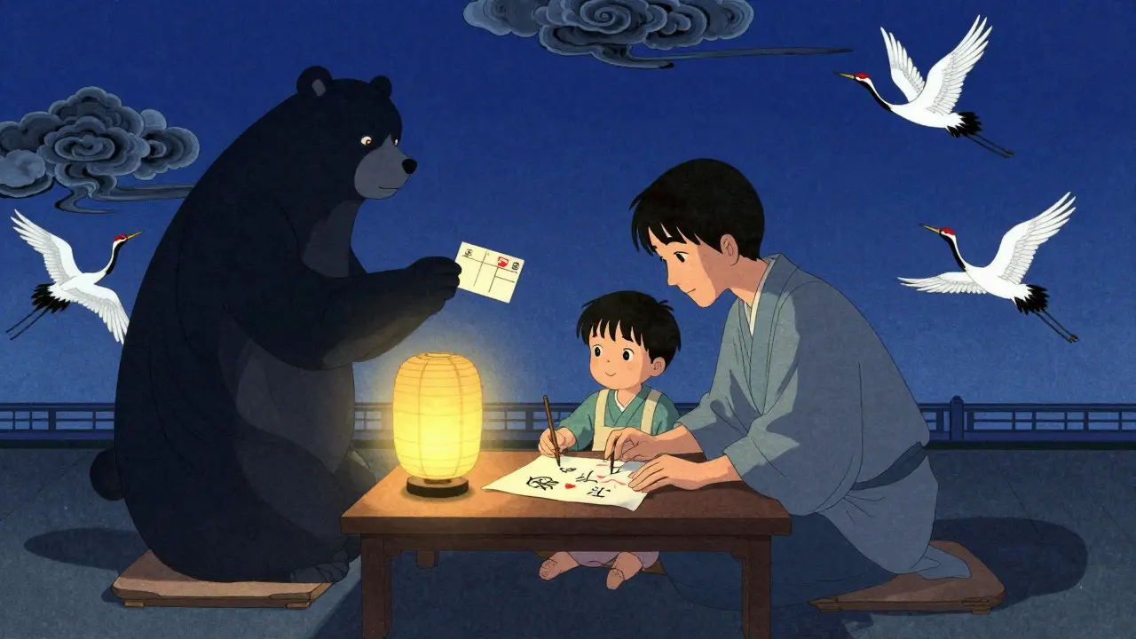 Rodič a dítě společně kreslí nový sen s přátelským medvědem, symbolizující léčbu nočních můr.