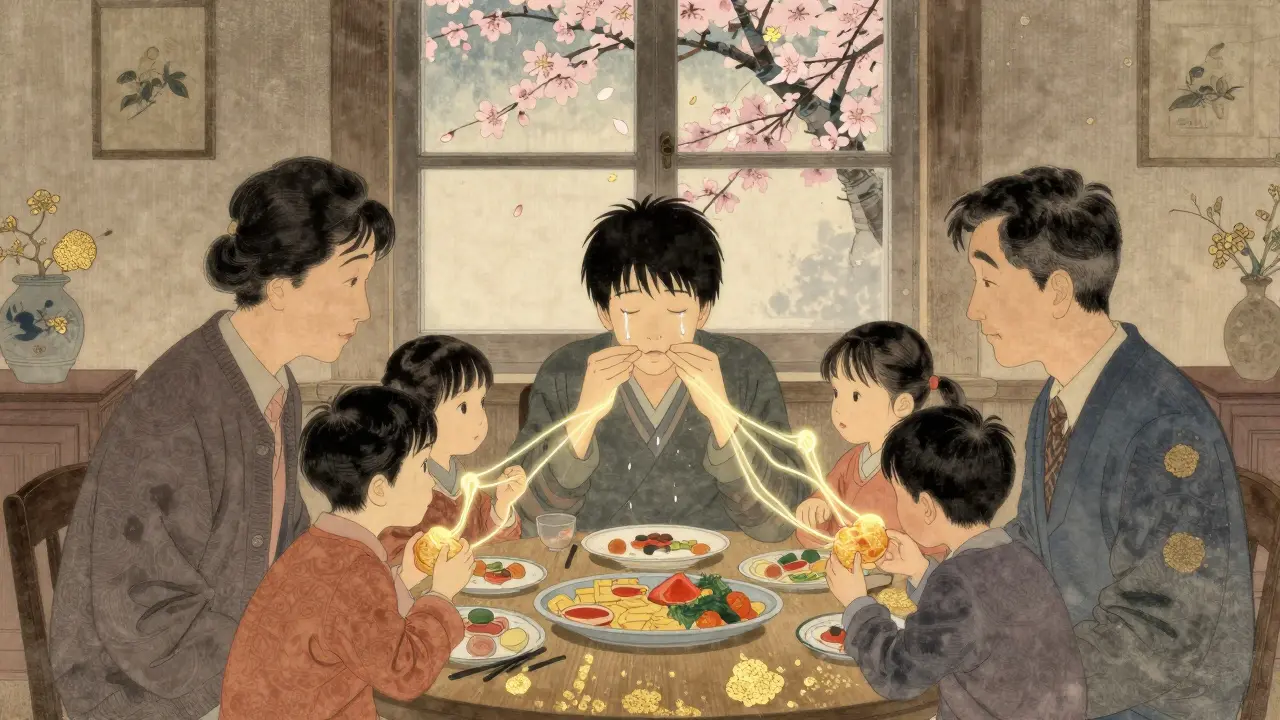 Rodina společně jí, osoba pláče, zářící nitě spojují s jídlem a emocemi.