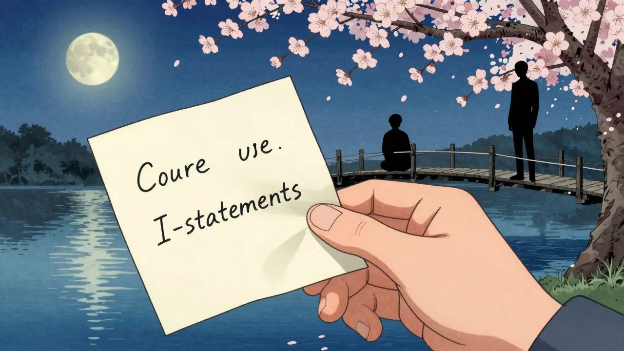 Ruka drží list s třemi větami, nad jezerem s měsícem, most z květů čerstvě rozkvétajících.