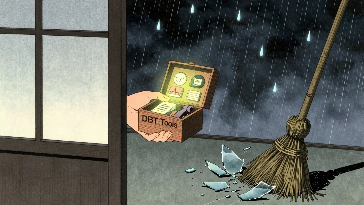 Ruka nabízí krabičku s nástroji DBT skrz papírovou stěnu v bouřlivém prostředí.