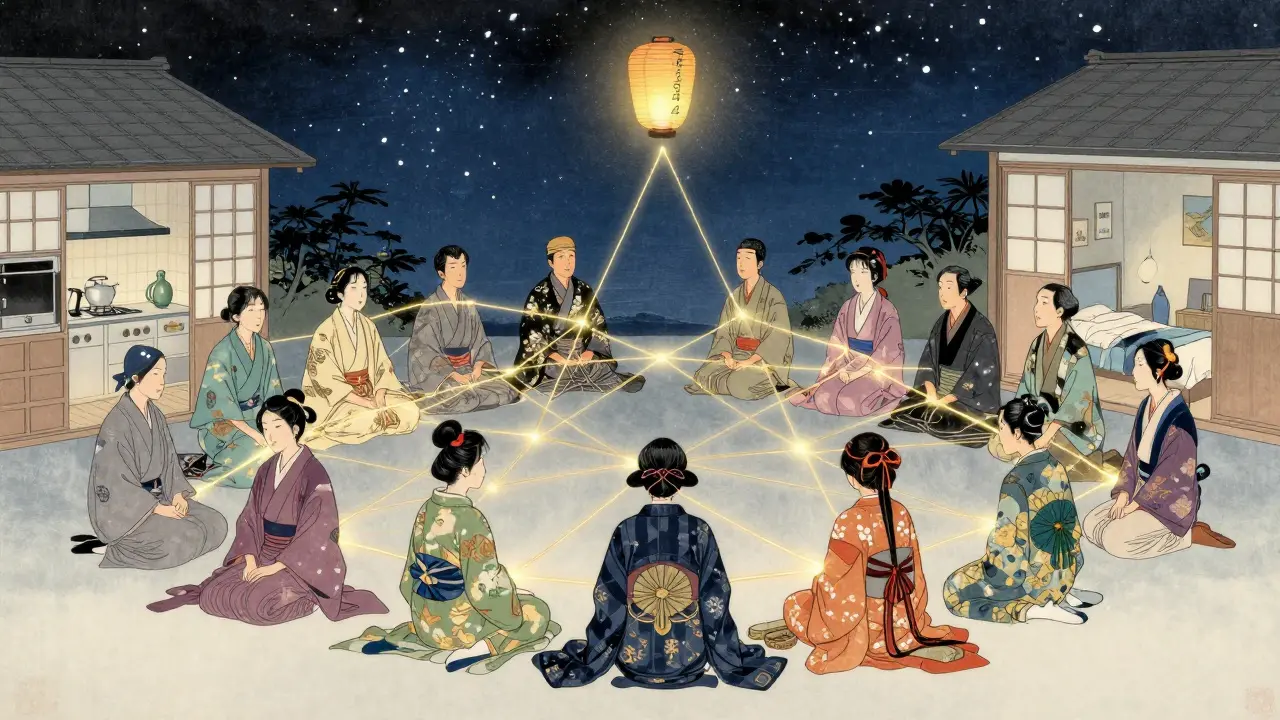 Různí lidé jsou spojeni zlatými vlákny v nočním nebi, symbolizující online terapeutickou skupinu.