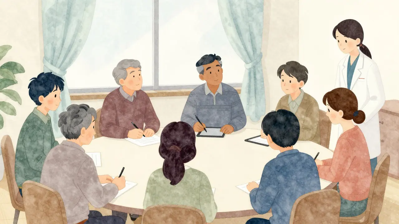 Skupina dospělých s autismem v klidné skupinové terapii, každý v klidné aktivitě, bez přetížení.