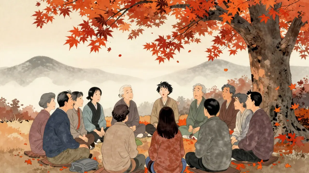 Skupina lidí sedí v kruhu pod listnatým stromem, kde listy tvoří srdce, symbolizujíce sdílenou podporu.