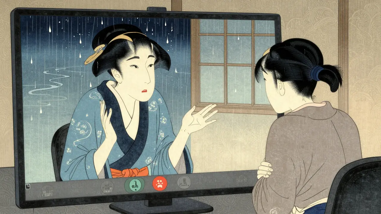 Terapeut a klient komunikují přes videohovor, jejich obrazy odrazují v klidné vodě.