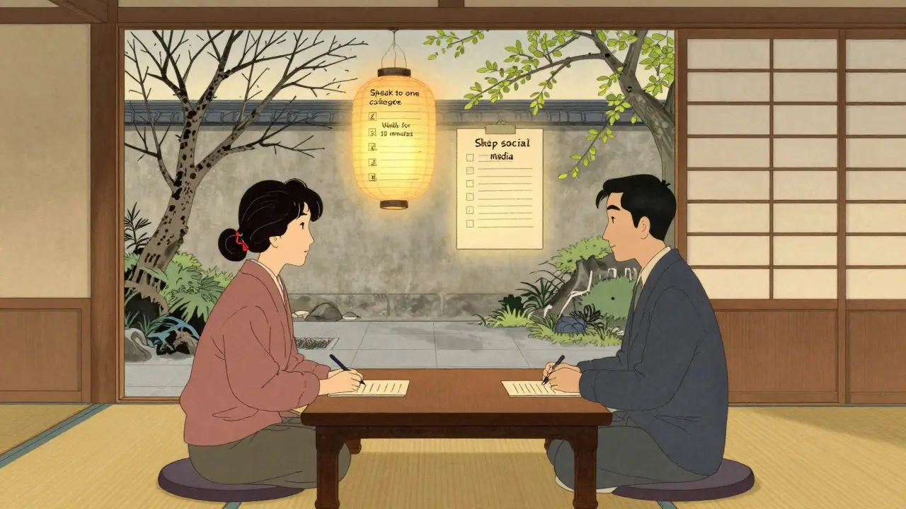 Terapeut a klient spolu na stole s úkoly jako papírové lampiony, za nimi přechod z zimy na jaro.