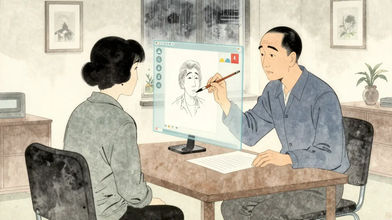 Terapeut a klient spolu sedí v pokoji, kde se míchá tradiční japonský styl s moderní digitální přítomností.