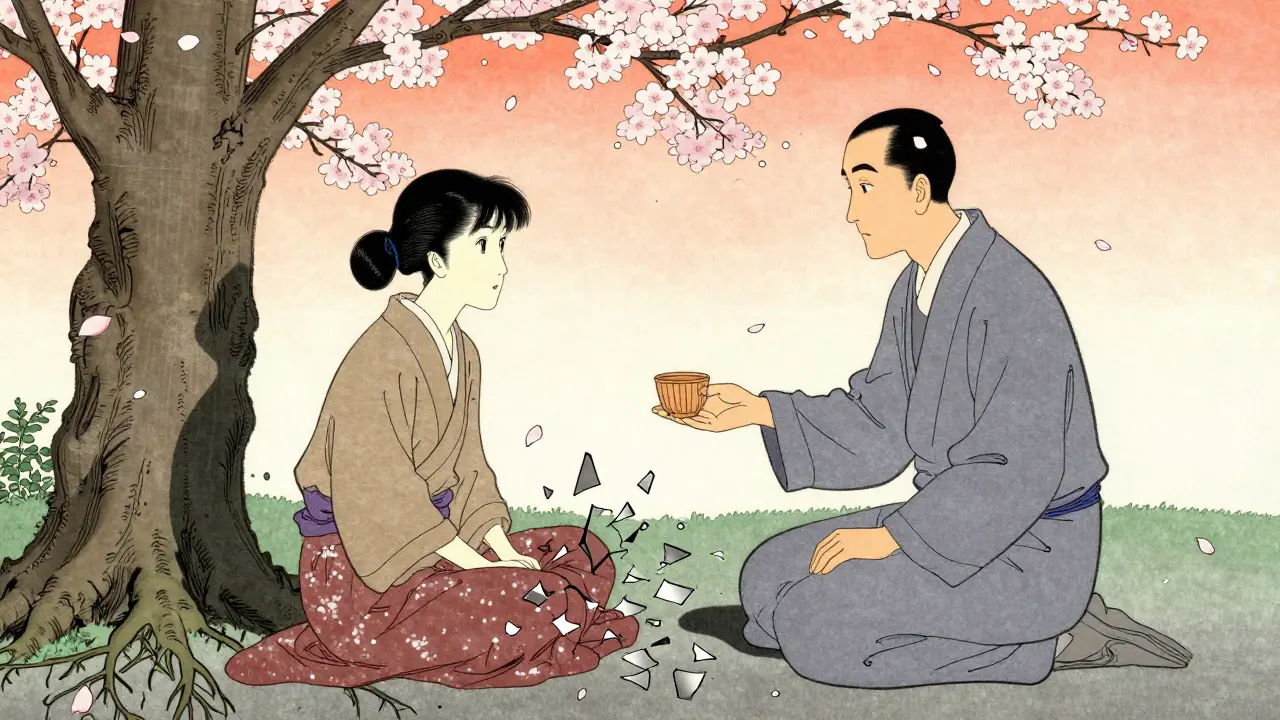 Terapeut a pacient pod stromem s padajícími listy, jejich stíny spojené kořenem bezpečí.