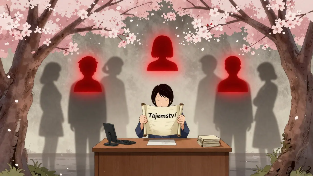 Terapeut drží zapečetěný svitek s tajemstvím, jen tři výjimky zůstávají viditelné.